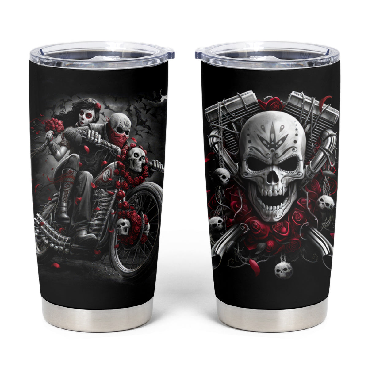 Skull Tumbler Cup Riding Motocycle Girl Rose - Wonder Print Shop
