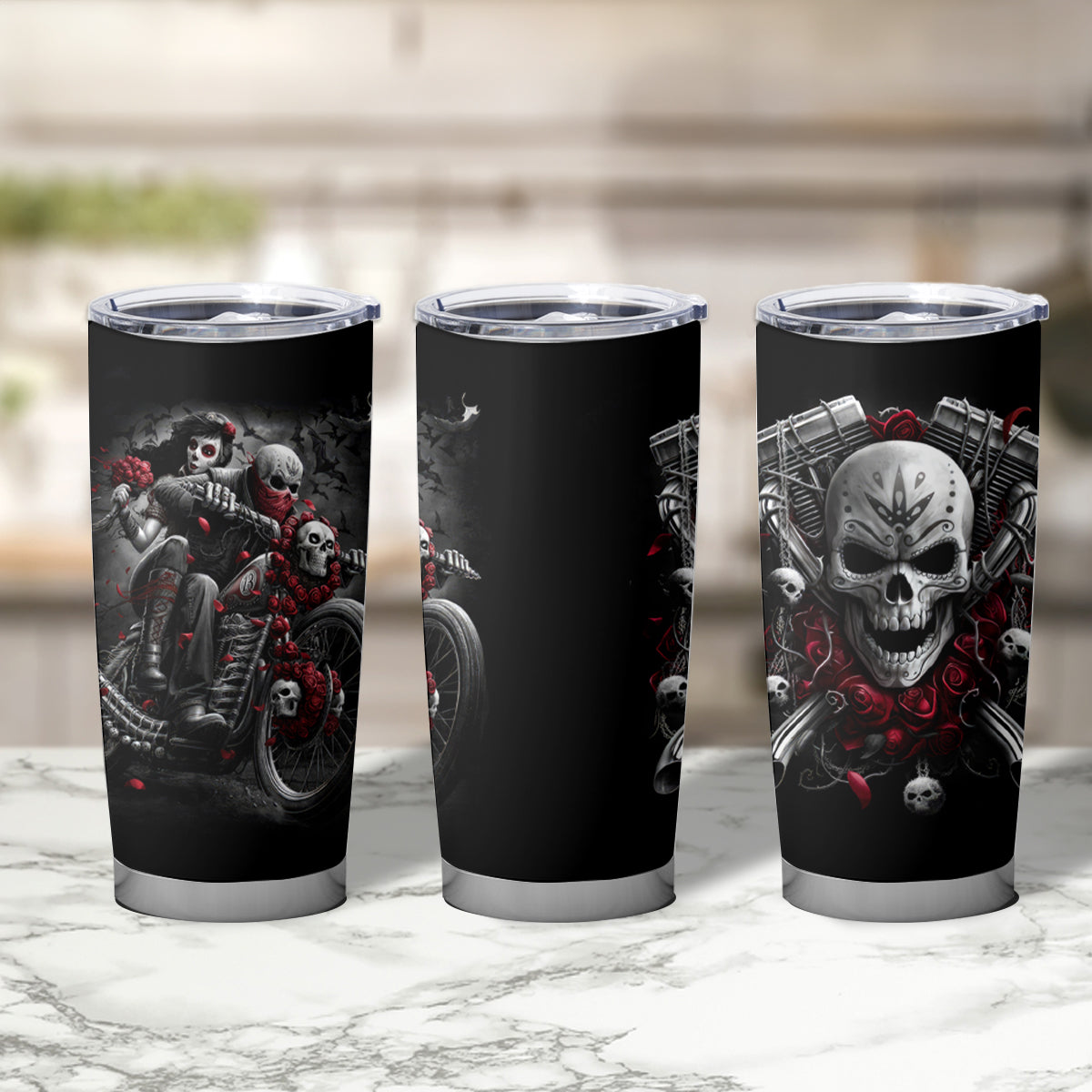Skull Tumbler Cup Riding Motocycle Girl Rose - Wonder Print Shop