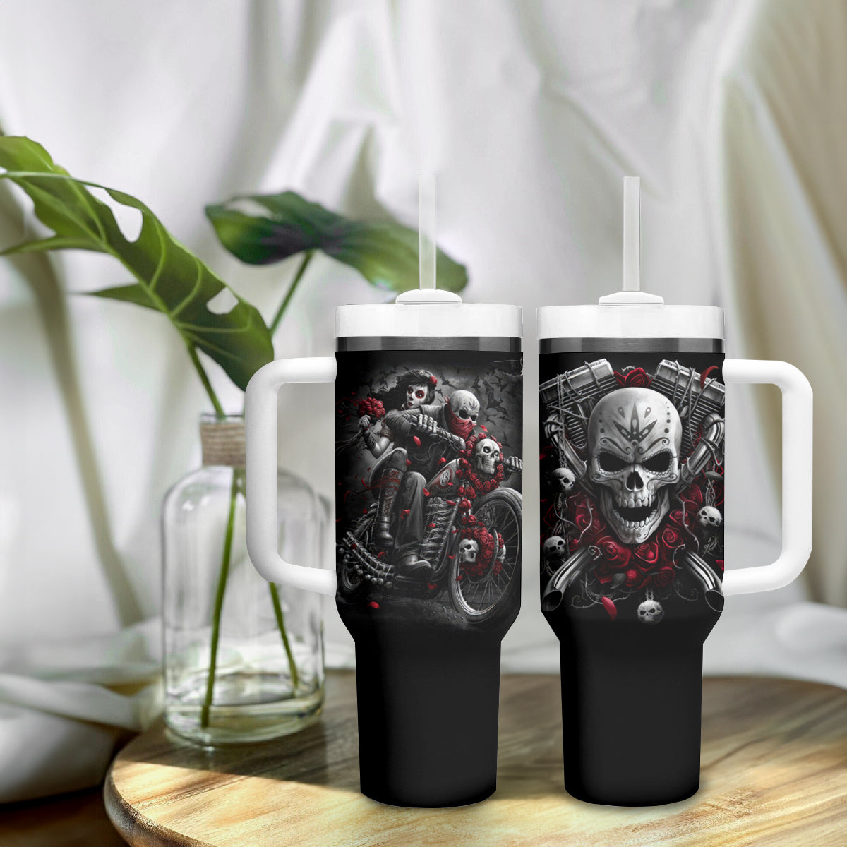 Skull Tumbler With Handle Riding Motocycle Girl Rose - Wonder Print Shop