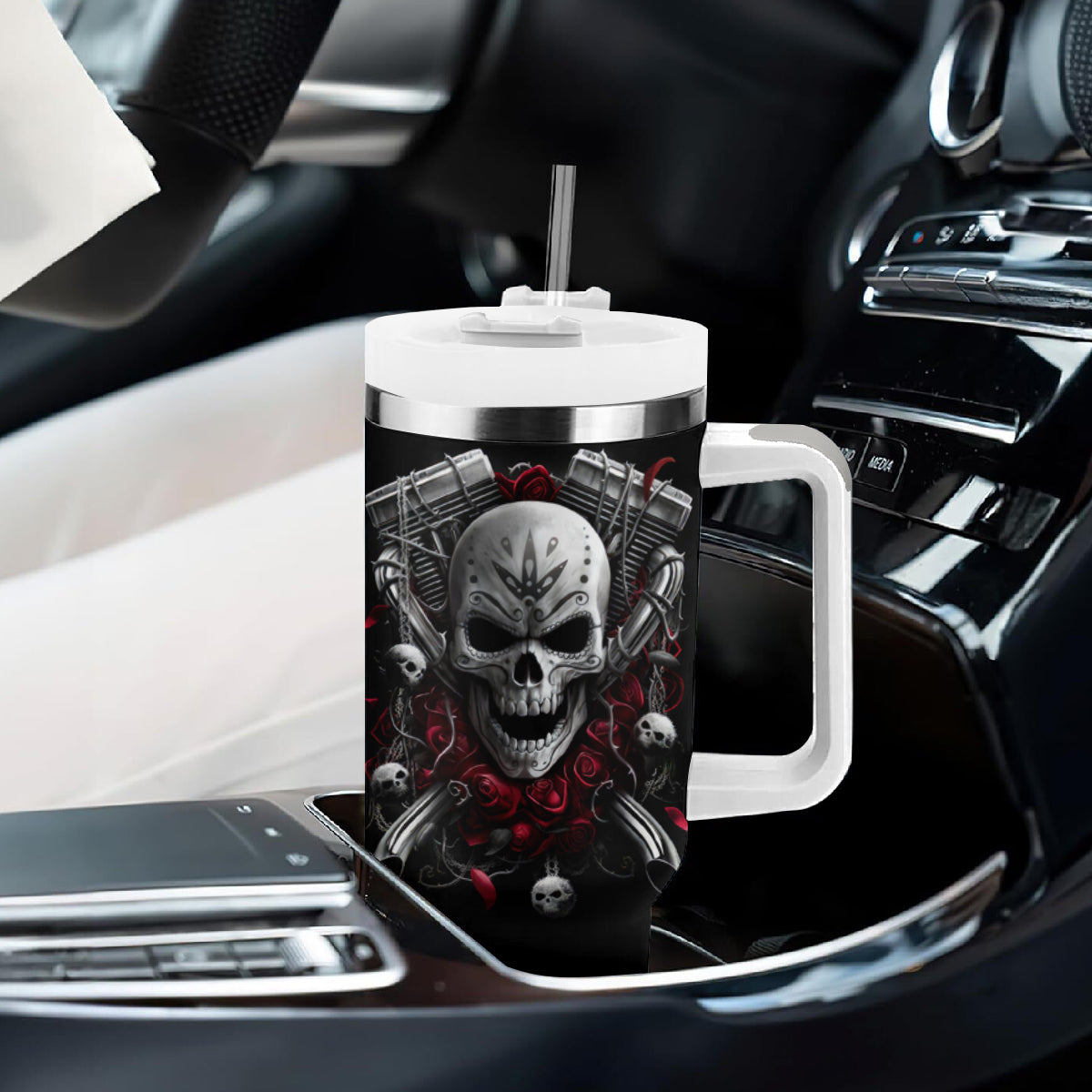 Skull Tumbler With Handle Riding Motocycle Girl Rose - Wonder Print Shop