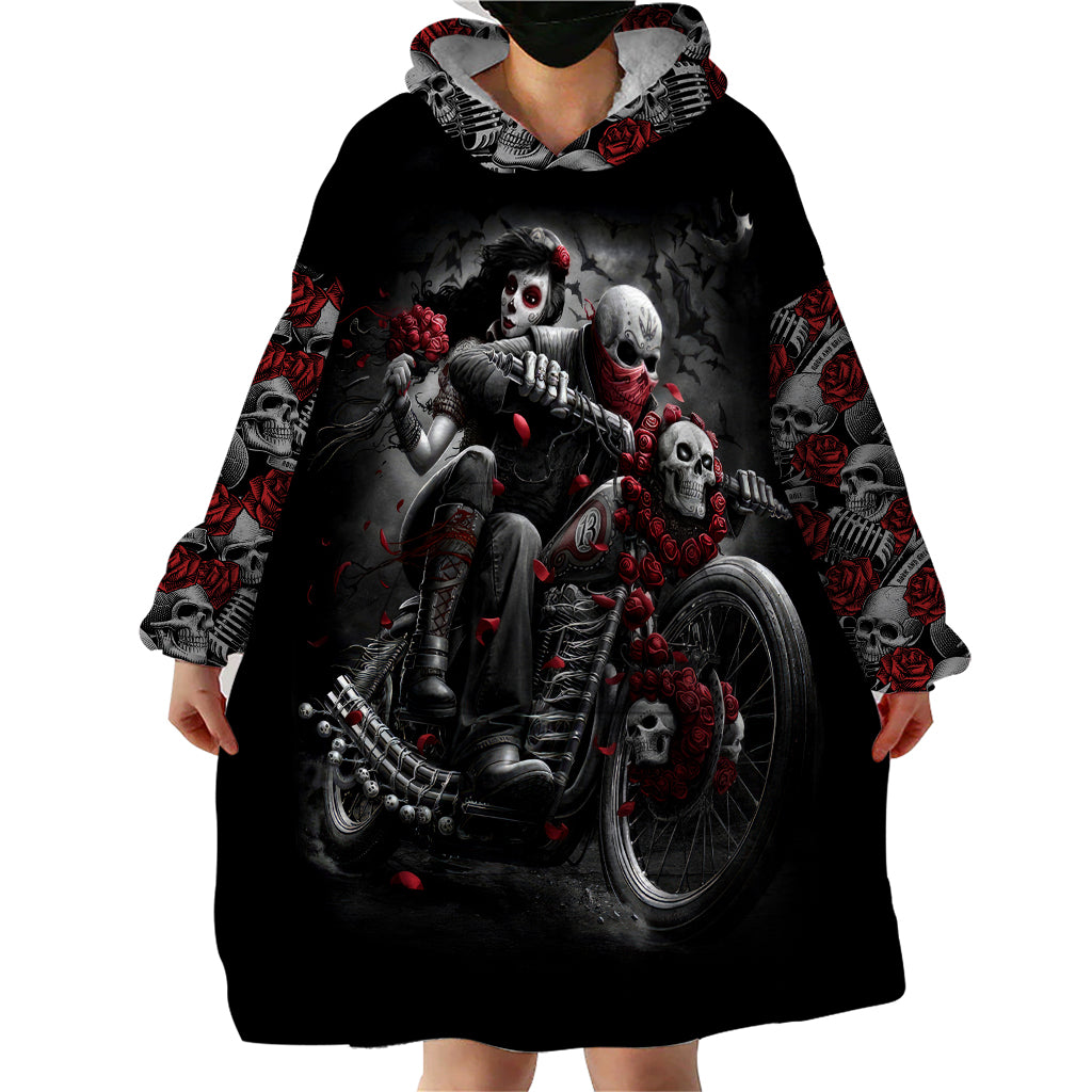 Skull Wearable Blanket Hoodie Riding Motocycle Girl Rose - Wonder Print Shop