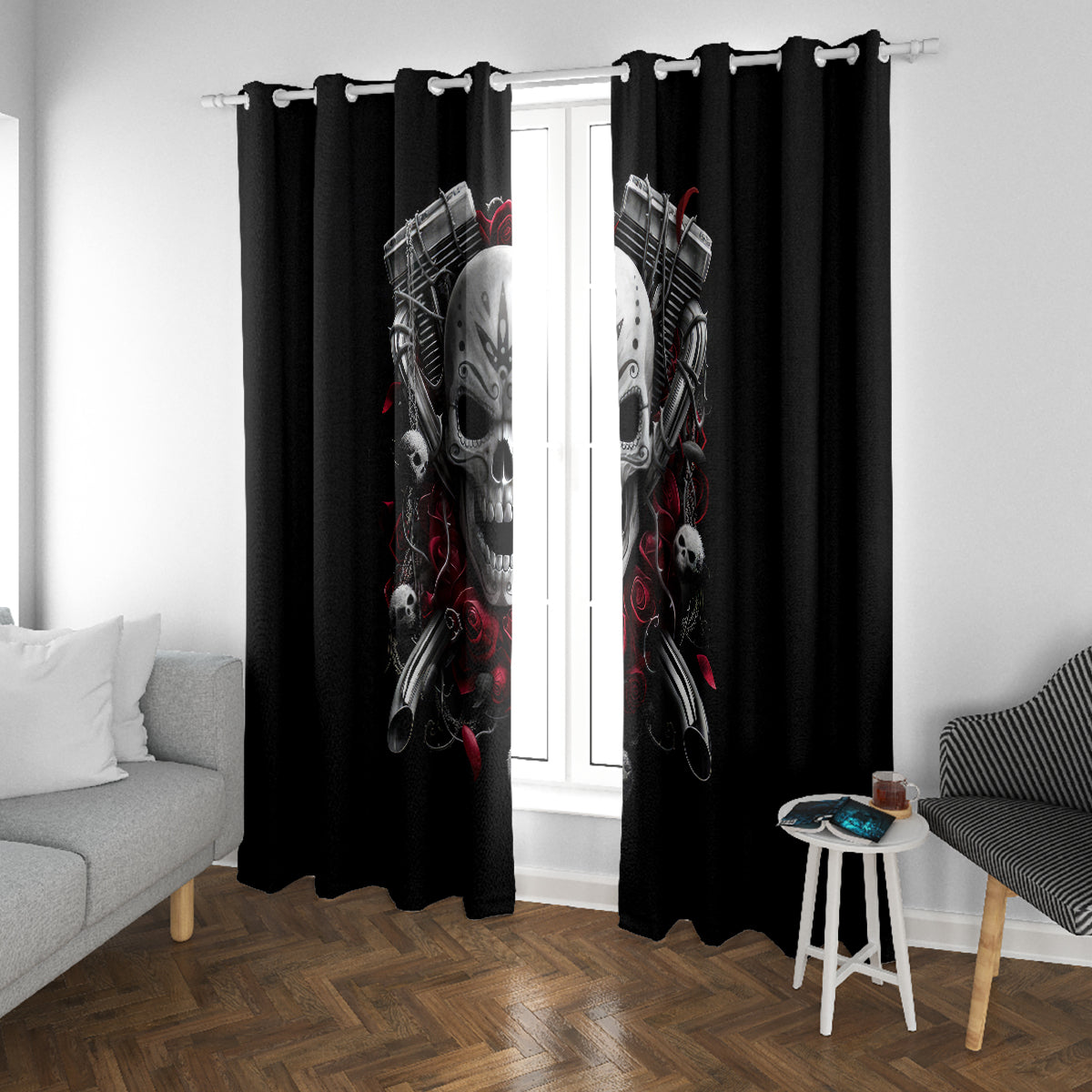 Skull Window Curtain Riding Motocycle Girl Rose - Wonder Print Shop