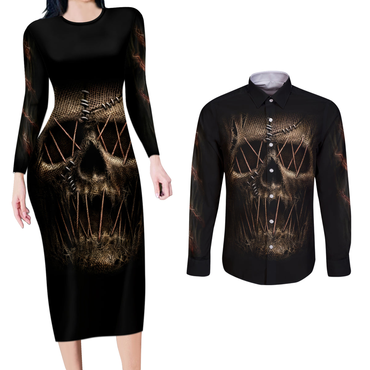 Skull Couples Matching Long Sleeve Bodycon Dress and Long Sleeve Button Shirts Mummy Face Inside - Wonder Print Shop