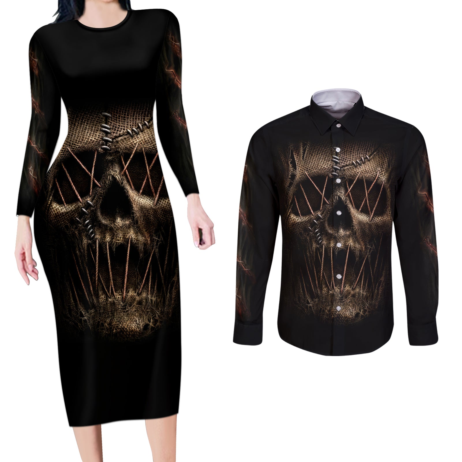 Skull Couples Matching Long Sleeve Bodycon Dress and Long Sleeve Button Shirts Mummy Face Inside - Wonder Print Shop