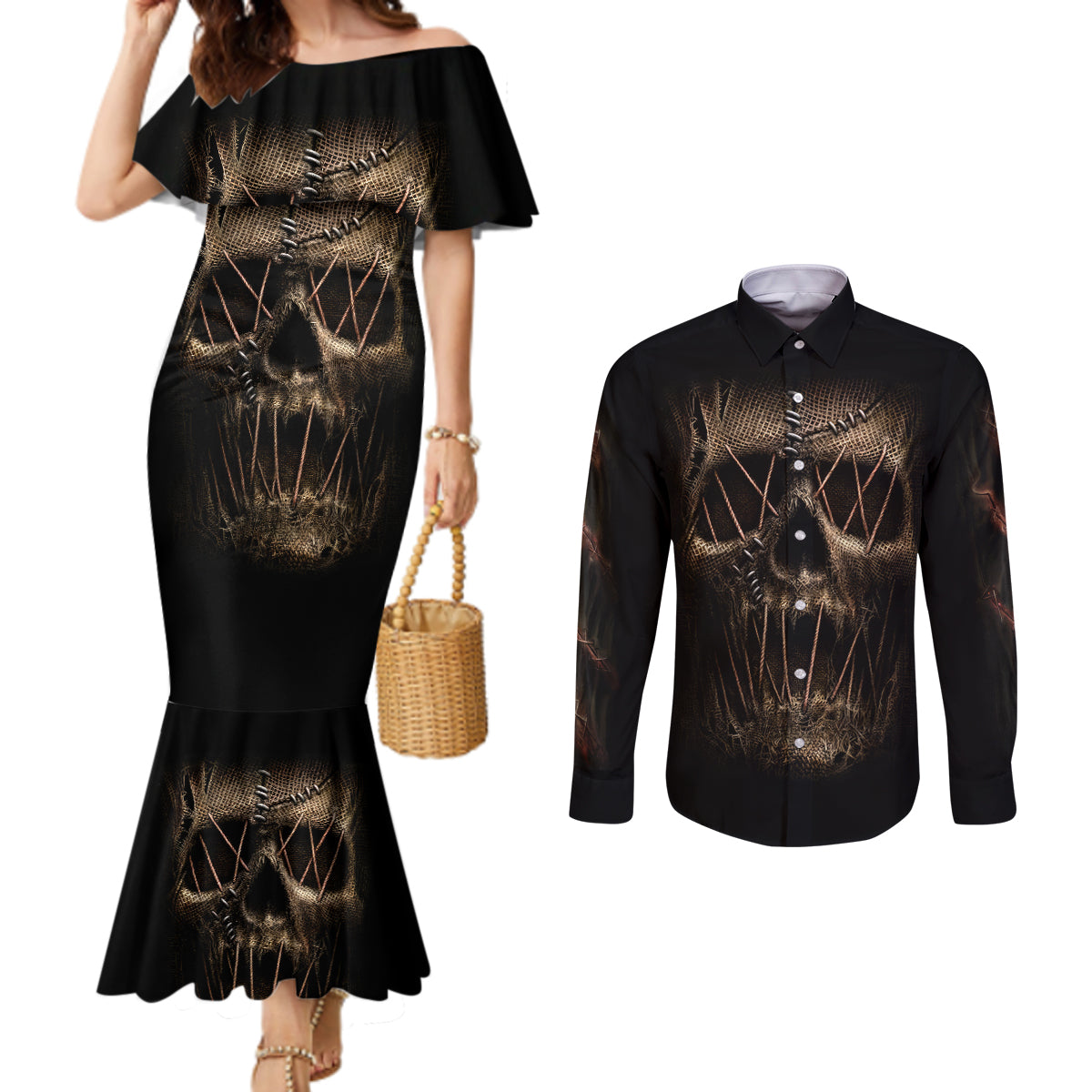 Skull Couples Matching Mermaid Dress and Long Sleeve Button Shirts Mummy Face Inside DT01
