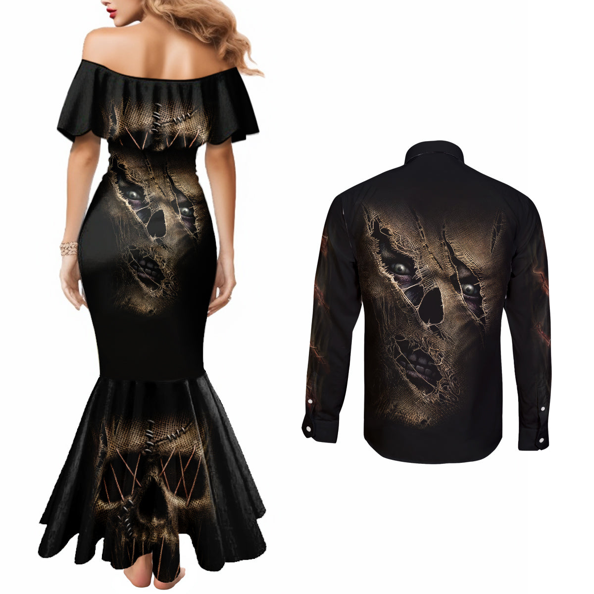 Skull Couples Matching Mermaid Dress and Long Sleeve Button Shirts Mummy Face Inside DT01