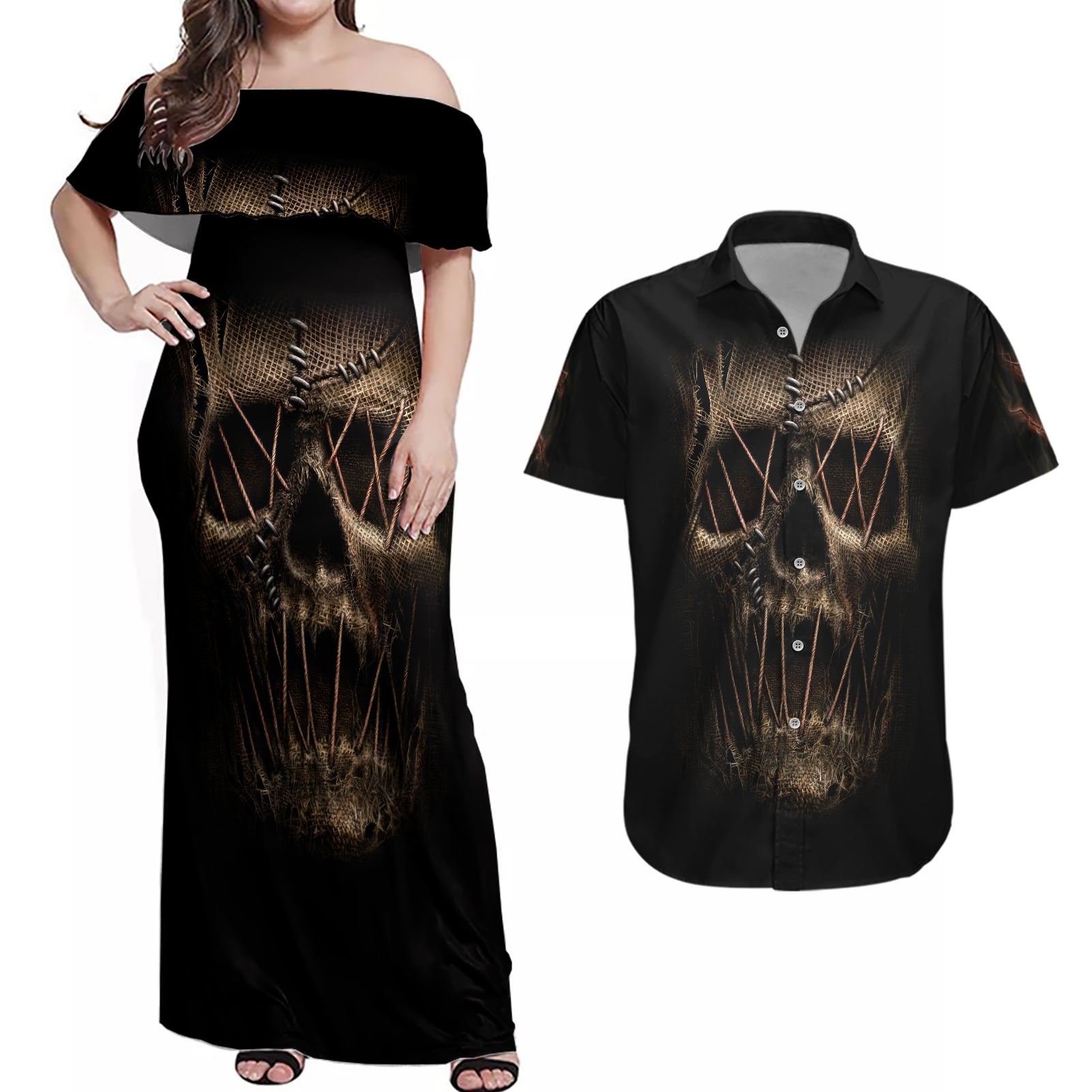 Skull Couples Matching Off Shoulder Maxi Dress and Hawaiian Shirt Mummy Face Inside - Wonder Print Shop