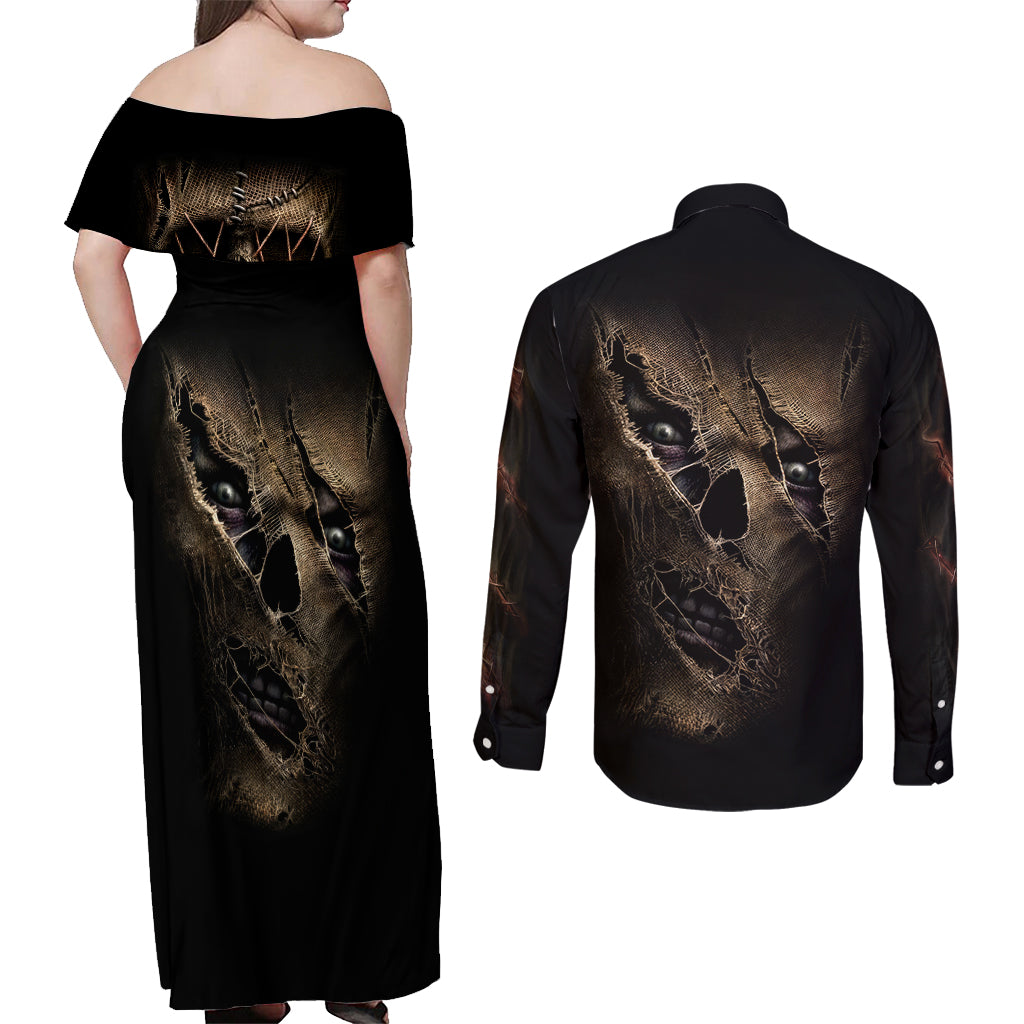 Skull Couples Matching Off Shoulder Maxi Dress and Long Sleeve Button Shirts Mummy Face Inside - Wonder Print Shop