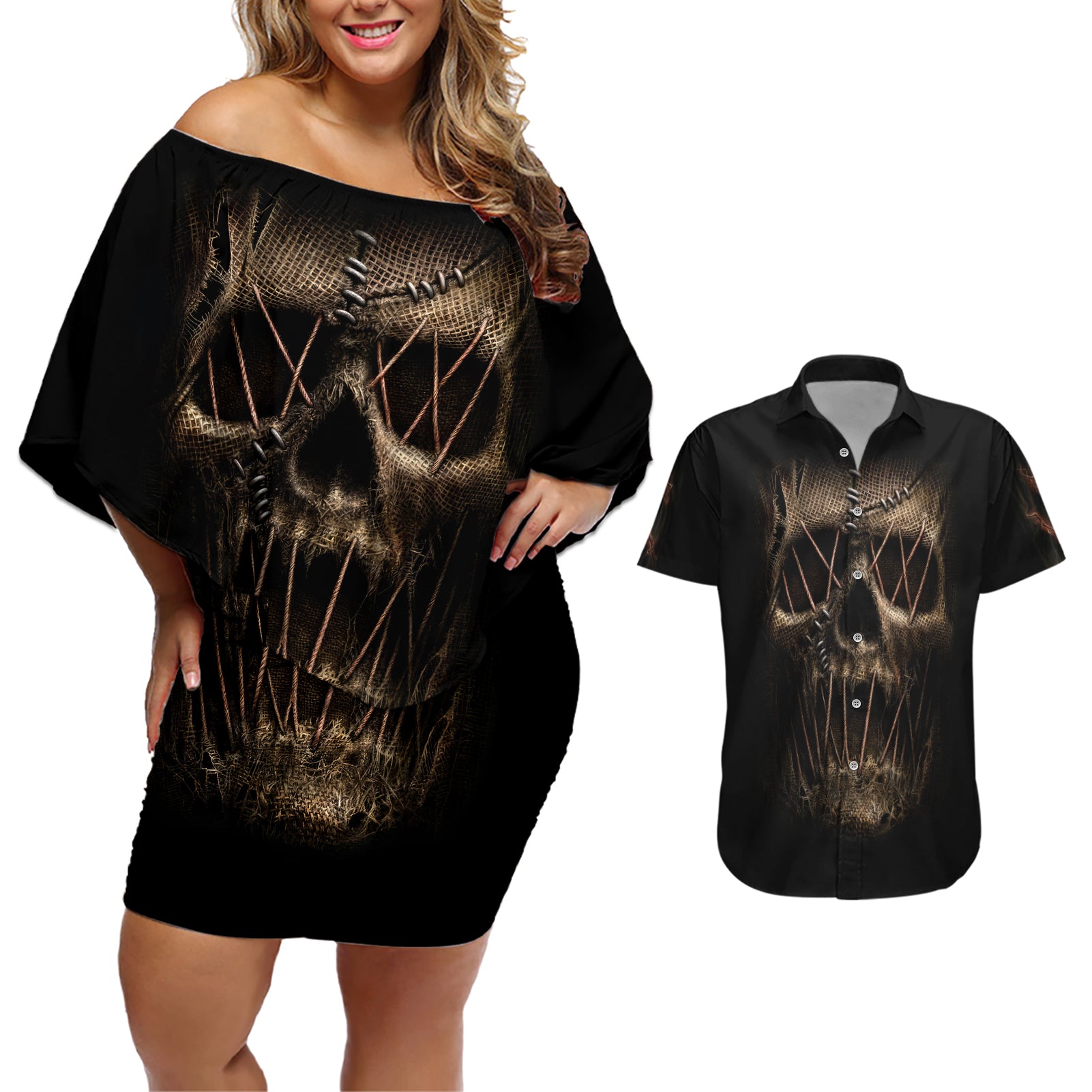Skull Couples Matching Off Shoulder Short Dress and Hawaiian Shirt Mummy Face Inside - Wonder Print Shop