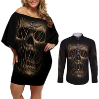 Skull Couples Matching Off Shoulder Short Dress and Long Sleeve Button Shirts Mummy Face Inside - Wonder Print Shop