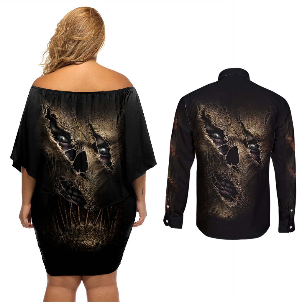 Skull Couples Matching Off Shoulder Short Dress and Long Sleeve Button Shirts Mummy Face Inside - Wonder Print Shop