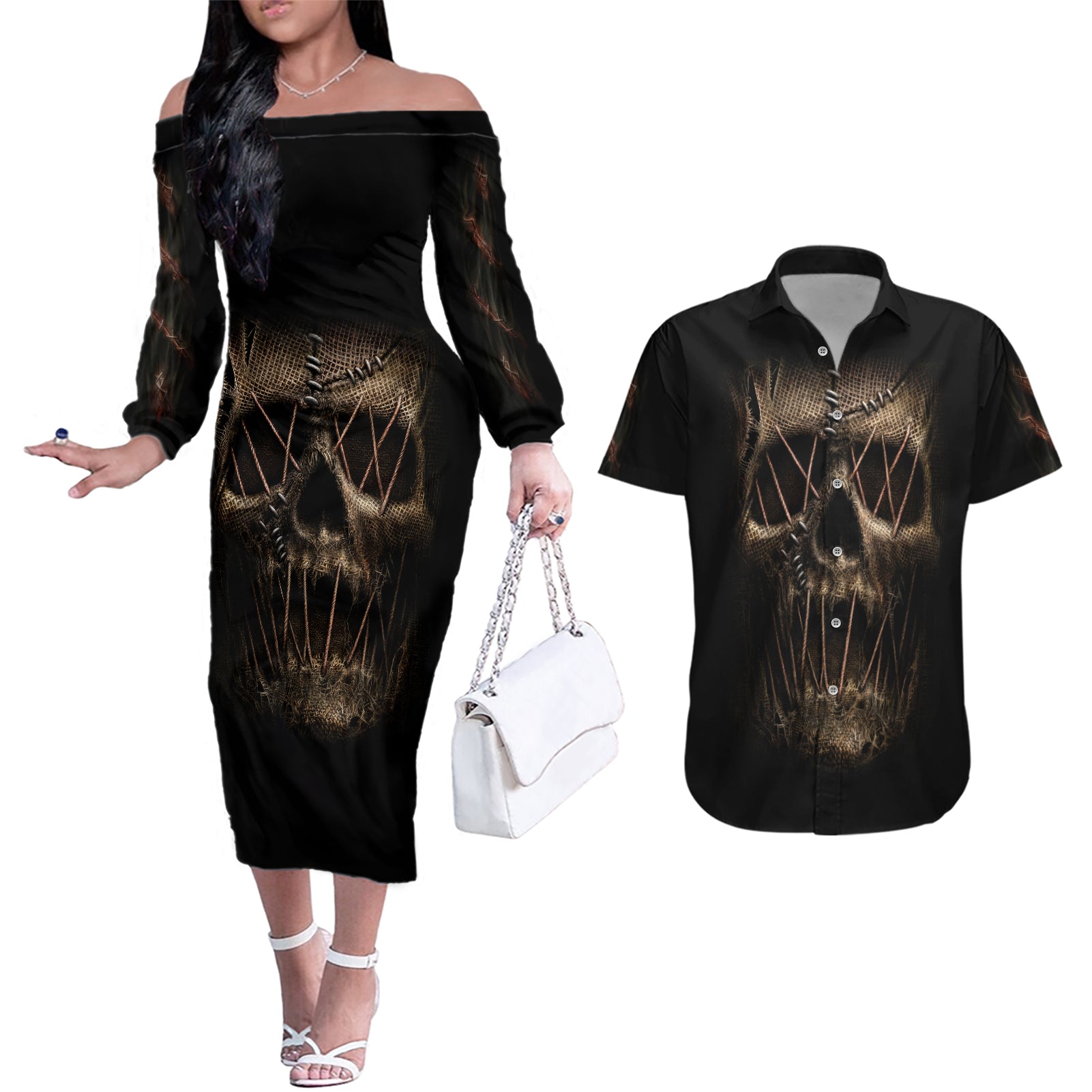 Skull Couples Matching Off The Shoulder Long Sleeve Dress and Hawaiian Shirt Mummy Face Inside - Wonder Print Shop