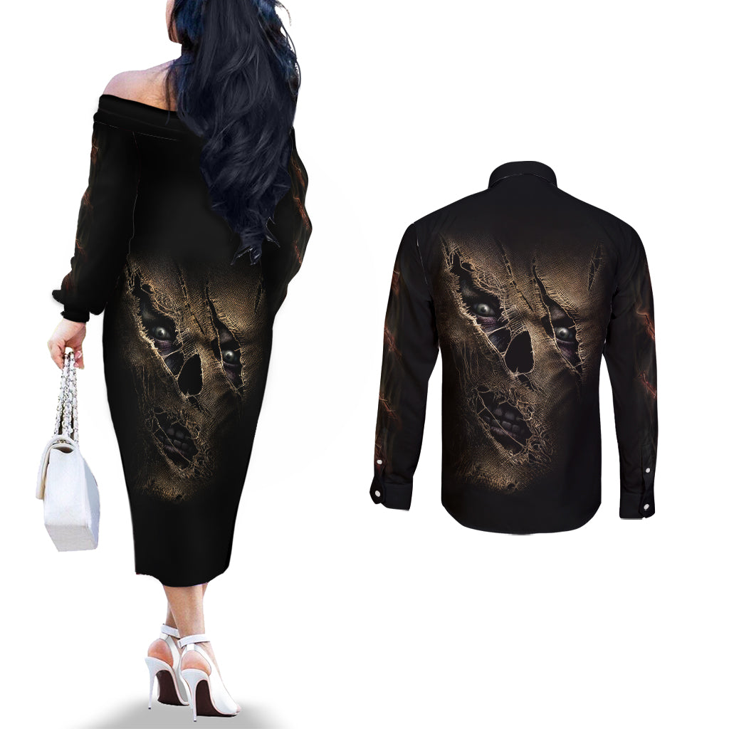Skull Couples Matching Off The Shoulder Long Sleeve Dress and Long Sleeve Button Shirts Mummy Face Inside DT01