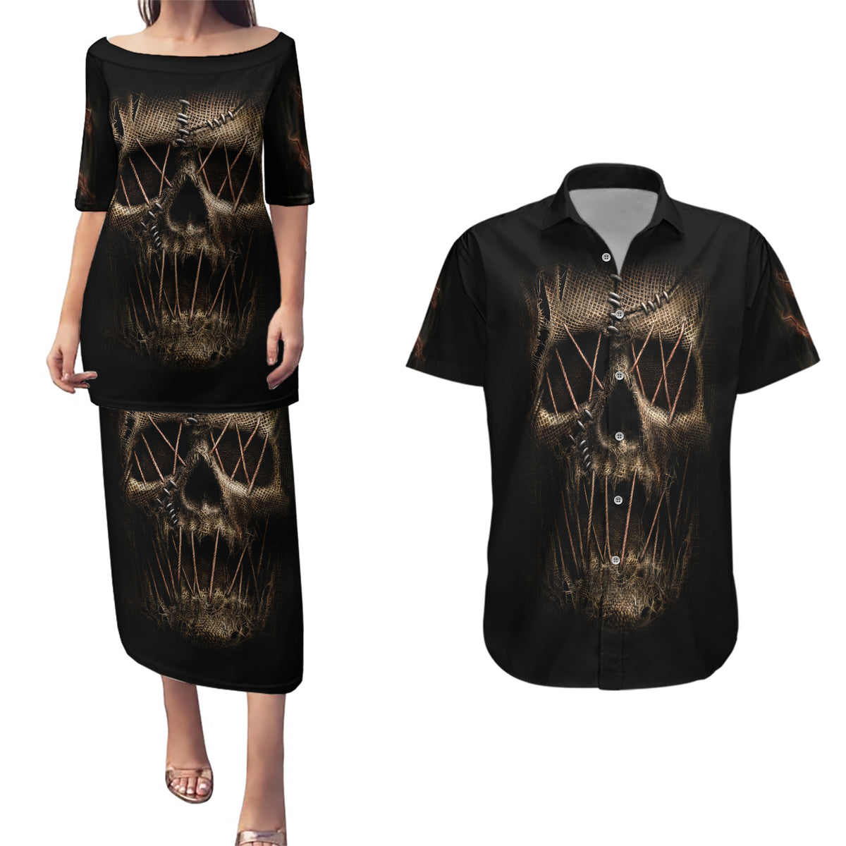Skull Couples Matching Puletasi Dress and Hawaiian Shirt Mummy Face Inside - Wonder Print Shop