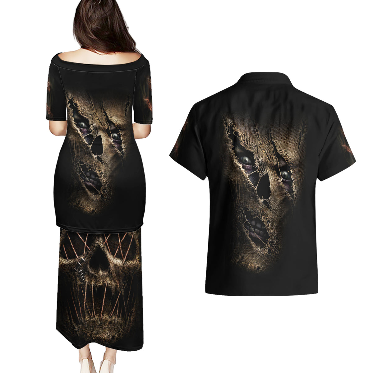 Skull Couples Matching Puletasi Dress and Hawaiian Shirt Mummy Face Inside - Wonder Print Shop