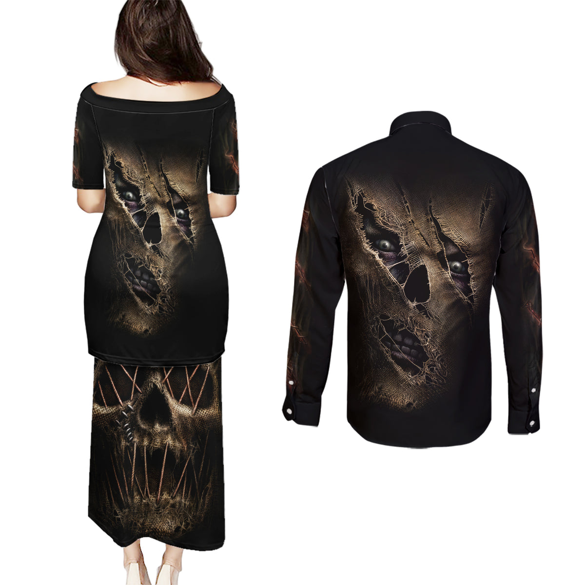Skull Couples Matching Puletasi Dress and Long Sleeve Button Shirts Mummy Face Inside - Wonder Print Shop