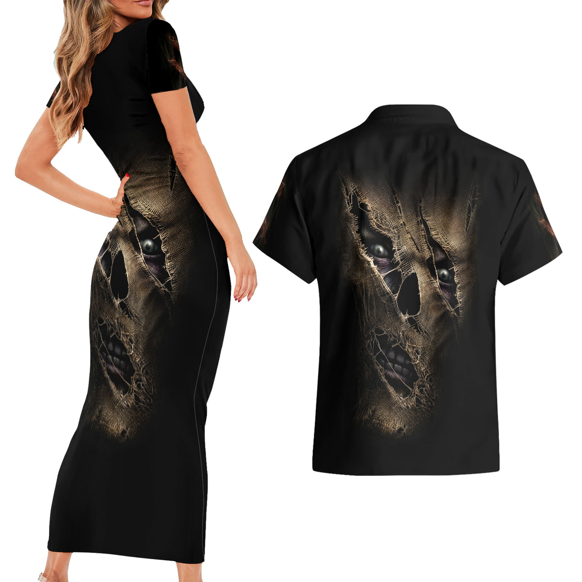 Skull Couples Matching Short Sleeve Bodycon Dress and Hawaiian Shirt Mummy Face Inside - Wonder Print Shop