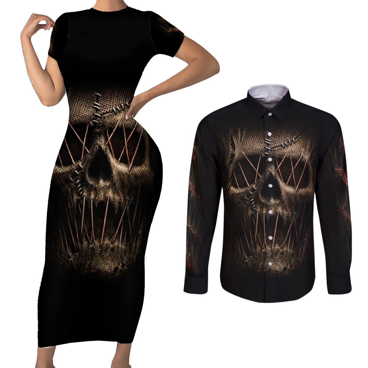 Skull Couples Matching Short Sleeve Bodycon Dress and Long Sleeve Button Shirts Mummy Face Inside - Wonder Print Shop
