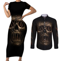 Skull Couples Matching Short Sleeve Bodycon Dress and Long Sleeve Button Shirts Mummy Face Inside - Wonder Print Shop