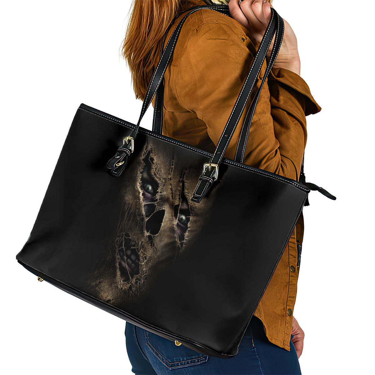 Skull Leather Tote Bag Mummy Face Inside - Wonder Print Shop