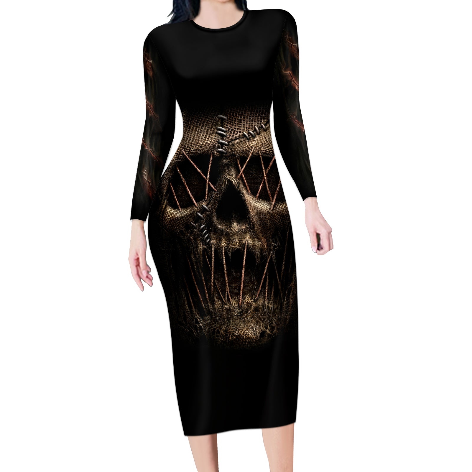 Skull Long Sleeve Bodycon Dress Mummy Face Inside - Wonder Print Shop