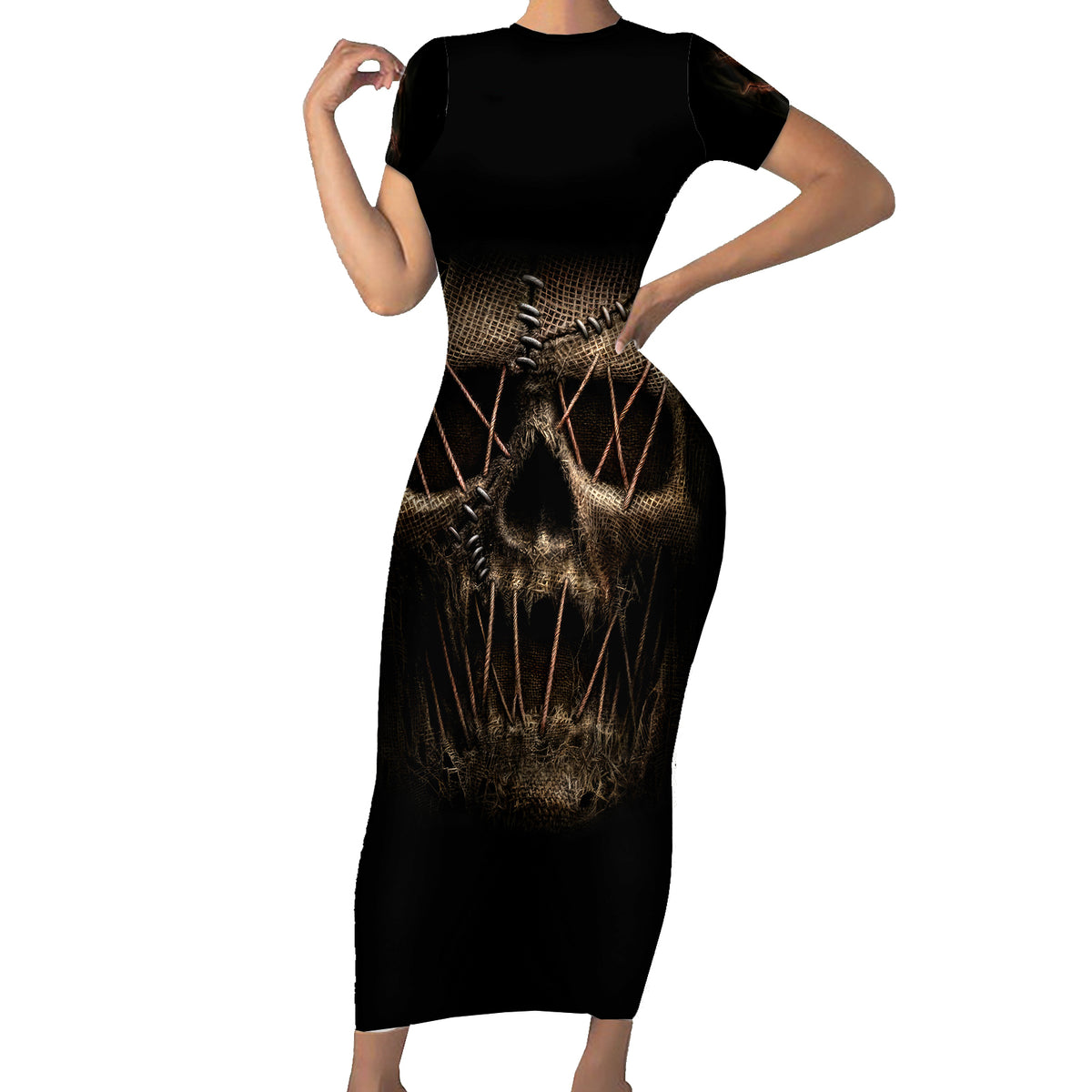 Skull Short Sleeve Bodycon Dress Mummy Face Inside - Wonder Print Shop
