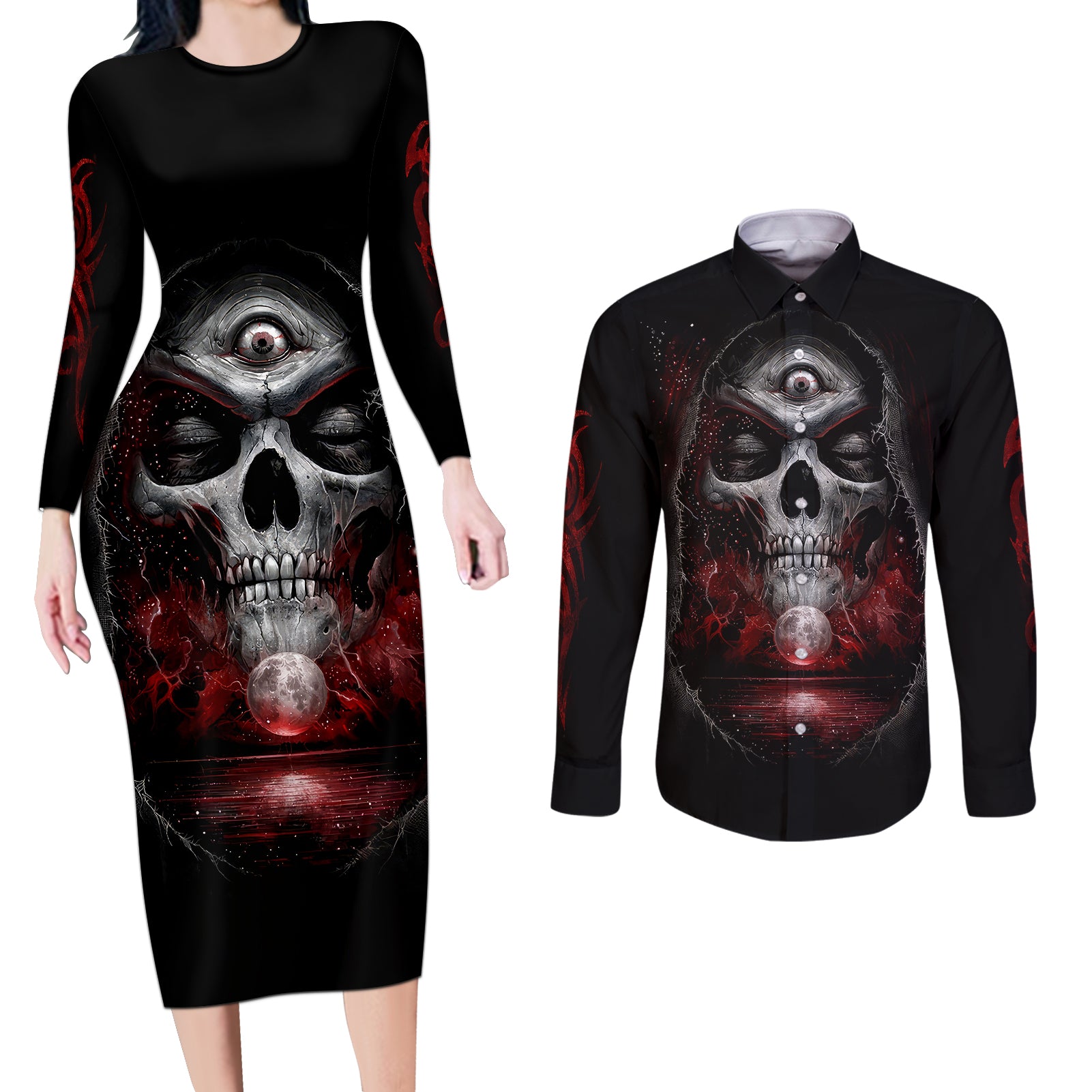 Skull Couples Matching Long Sleeve Bodycon Dress and Long Sleeve Button Shirts Prayer Skull - Wonder Print Shop