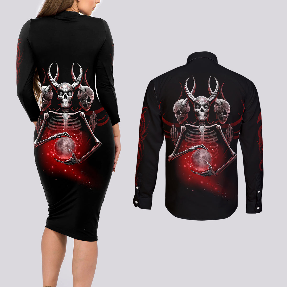 Skull Couples Matching Long Sleeve Bodycon Dress and Long Sleeve Button Shirts Prayer Skull - Wonder Print Shop