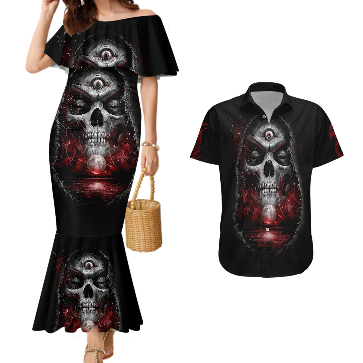 Skull Couples Matching Mermaid Dress And Hawaiian Shirt Prayer Skull - Wonder Print Shop