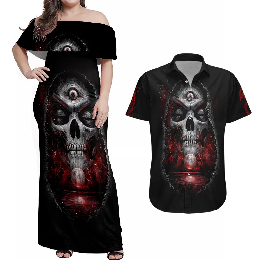Skull Couples Matching Off Shoulder Maxi Dress and Hawaiian Shirt Prayer Skull - Wonder Print Shop