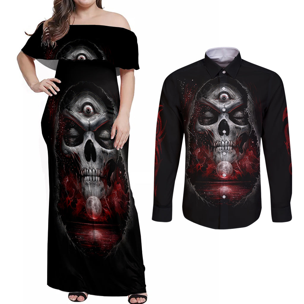 Skull Couples Matching Off Shoulder Maxi Dress and Long Sleeve Button Shirts Prayer Skull - Wonder Print Shop