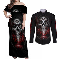 Skull Couples Matching Off Shoulder Maxi Dress and Long Sleeve Button Shirts Prayer Skull - Wonder Print Shop