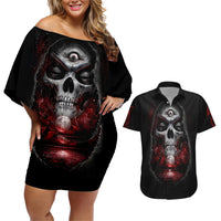Skull Couples Matching Off Shoulder Short Dress and Hawaiian Shirt Prayer Skull - Wonder Print Shop