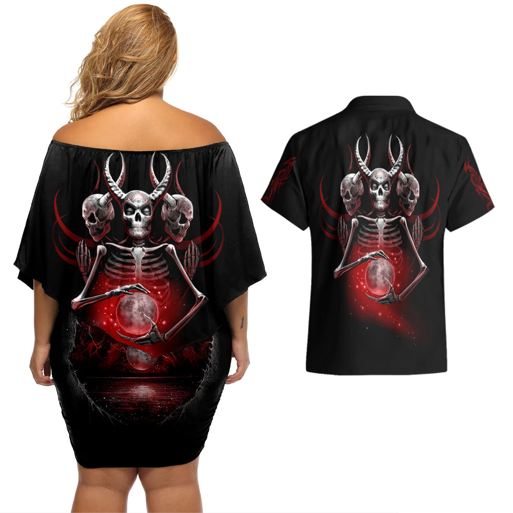 Skull Couples Matching Off Shoulder Short Dress and Hawaiian Shirt Prayer Skull - Wonder Print Shop