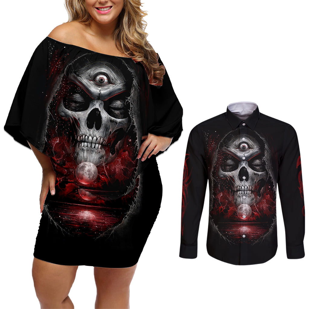Skull Couples Matching Off Shoulder Short Dress and Long Sleeve Button Shirts Prayer Skull - Wonder Print Shop