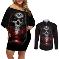Skull Couples Matching Off Shoulder Short Dress and Long Sleeve Button Shirts Prayer Skull - Wonder Print Shop