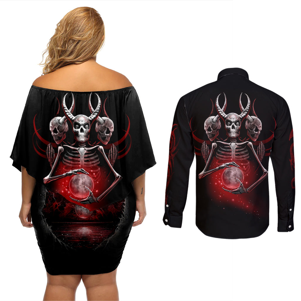 Skull Couples Matching Off Shoulder Short Dress and Long Sleeve Button Shirts Prayer Skull - Wonder Print Shop