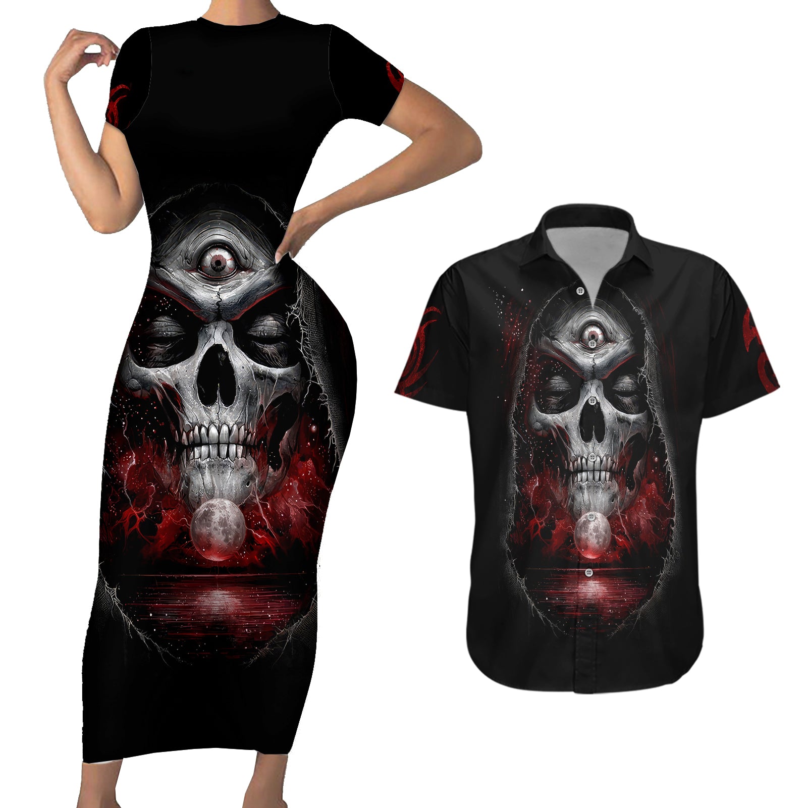 Skull Couples Matching Short Sleeve Bodycon Dress and Hawaiian Shirt Prayer Skull - Wonder Print Shop