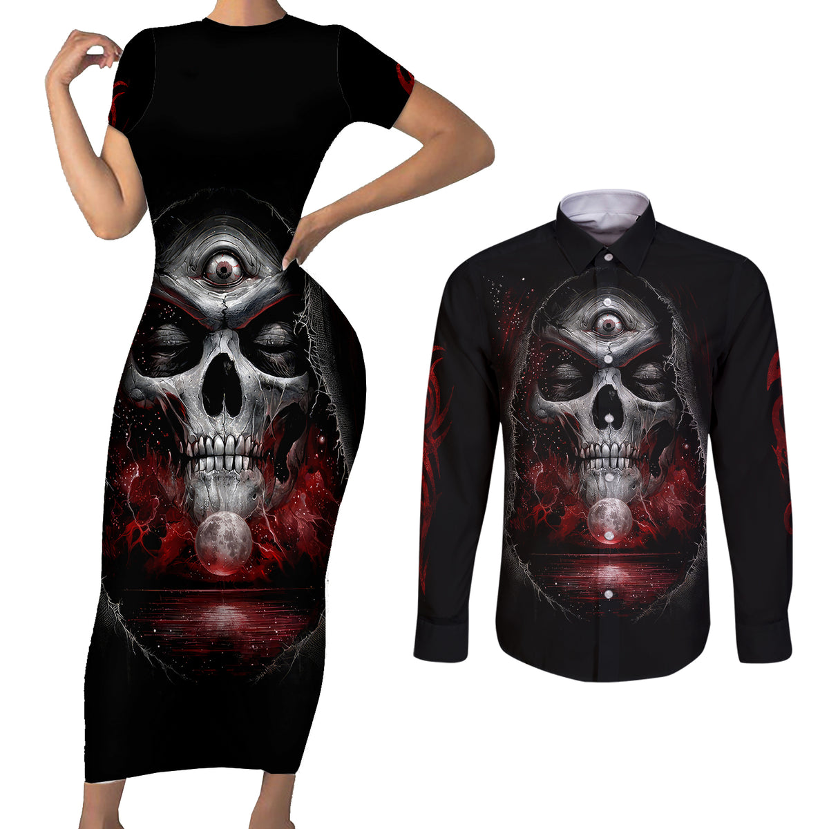 Skull Couples Matching Short Sleeve Bodycon Dress and Long Sleeve Button Shirts Prayer Skull - Wonder Print Shop