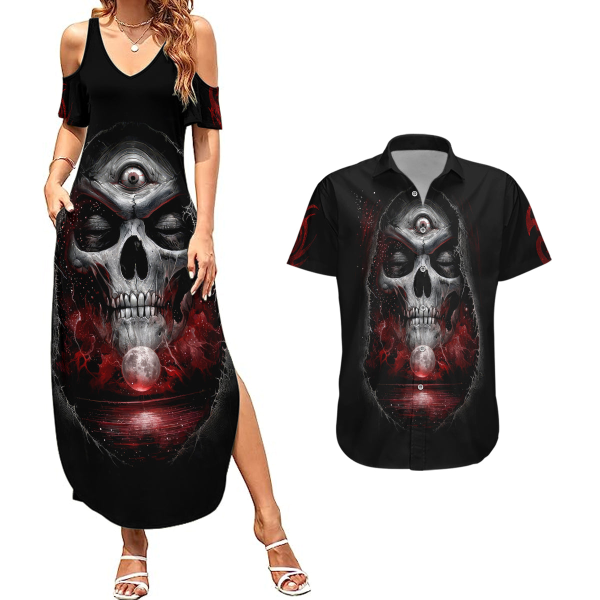 Skull Couples Matching Summer Maxi Dress and Hawaiian Shirt Prayer Skull - Wonder Print Shop