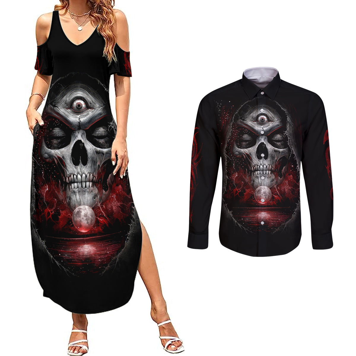 Skull Couples Matching Summer Maxi Dress and Long Sleeve Button Shirts Prayer Skull - Wonder Print Shop