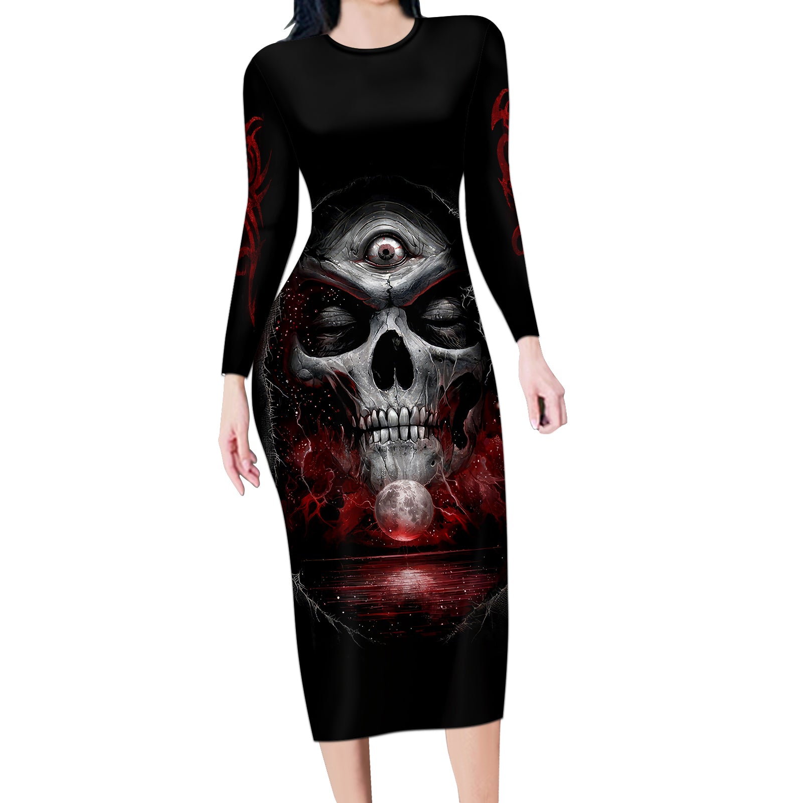 Skull Long Sleeve Bodycon Dress Prayer Skull - Wonder Print Shop