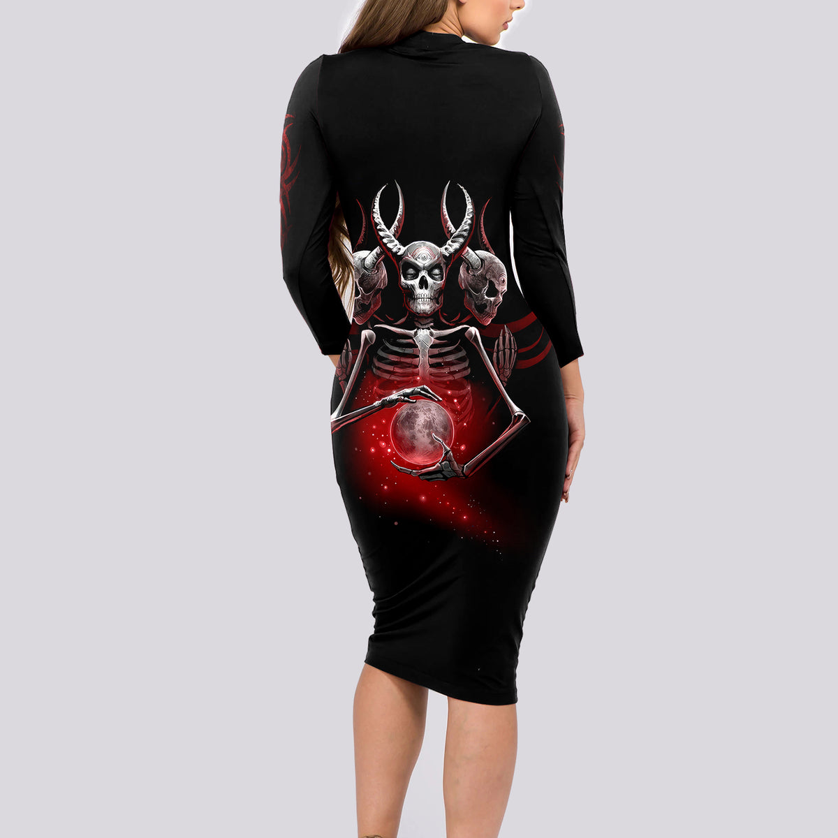 Skull Long Sleeve Bodycon Dress Prayer Skull - Wonder Print Shop