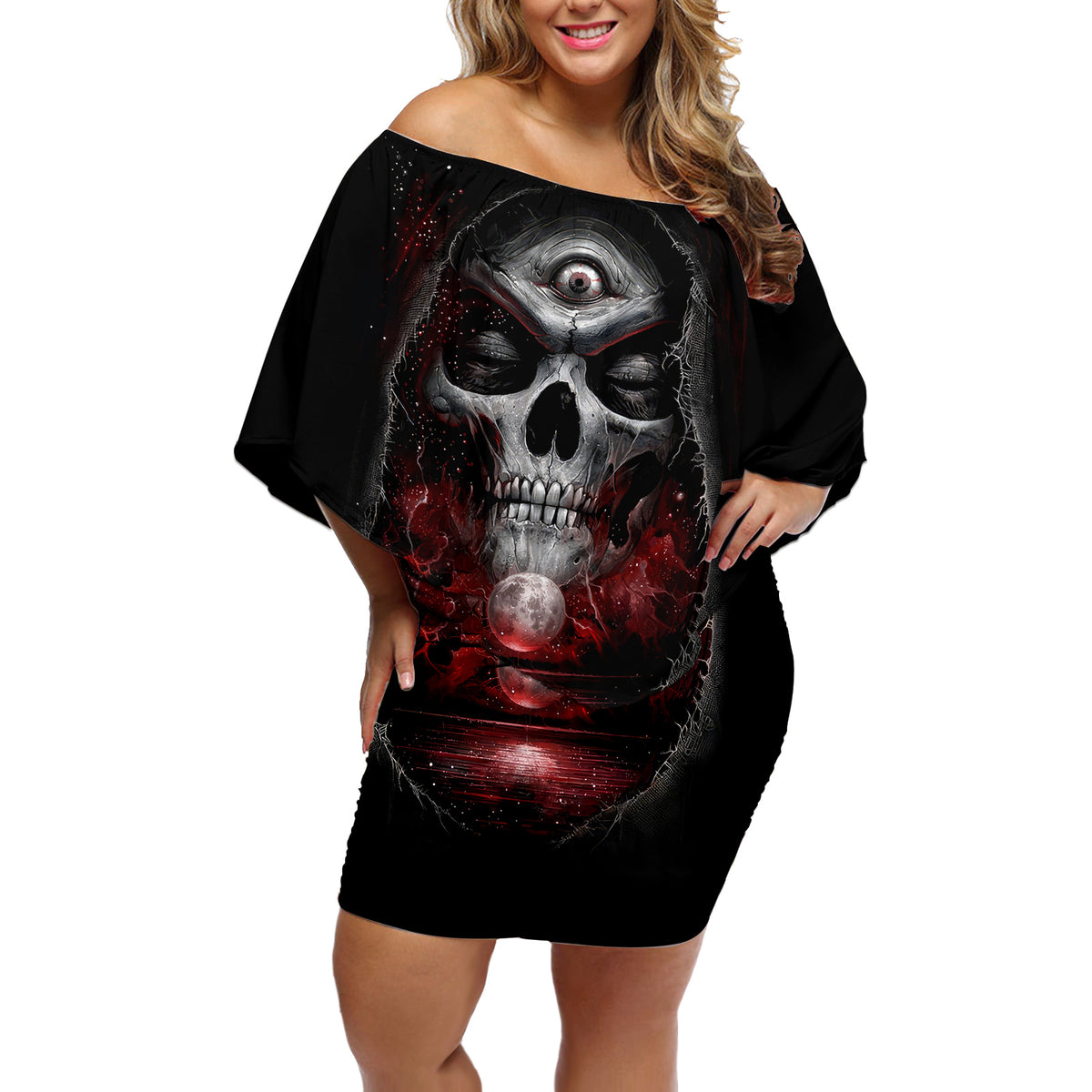 Skull Off Shoulder Short Dress Prayer Skull - Wonder Print Shop