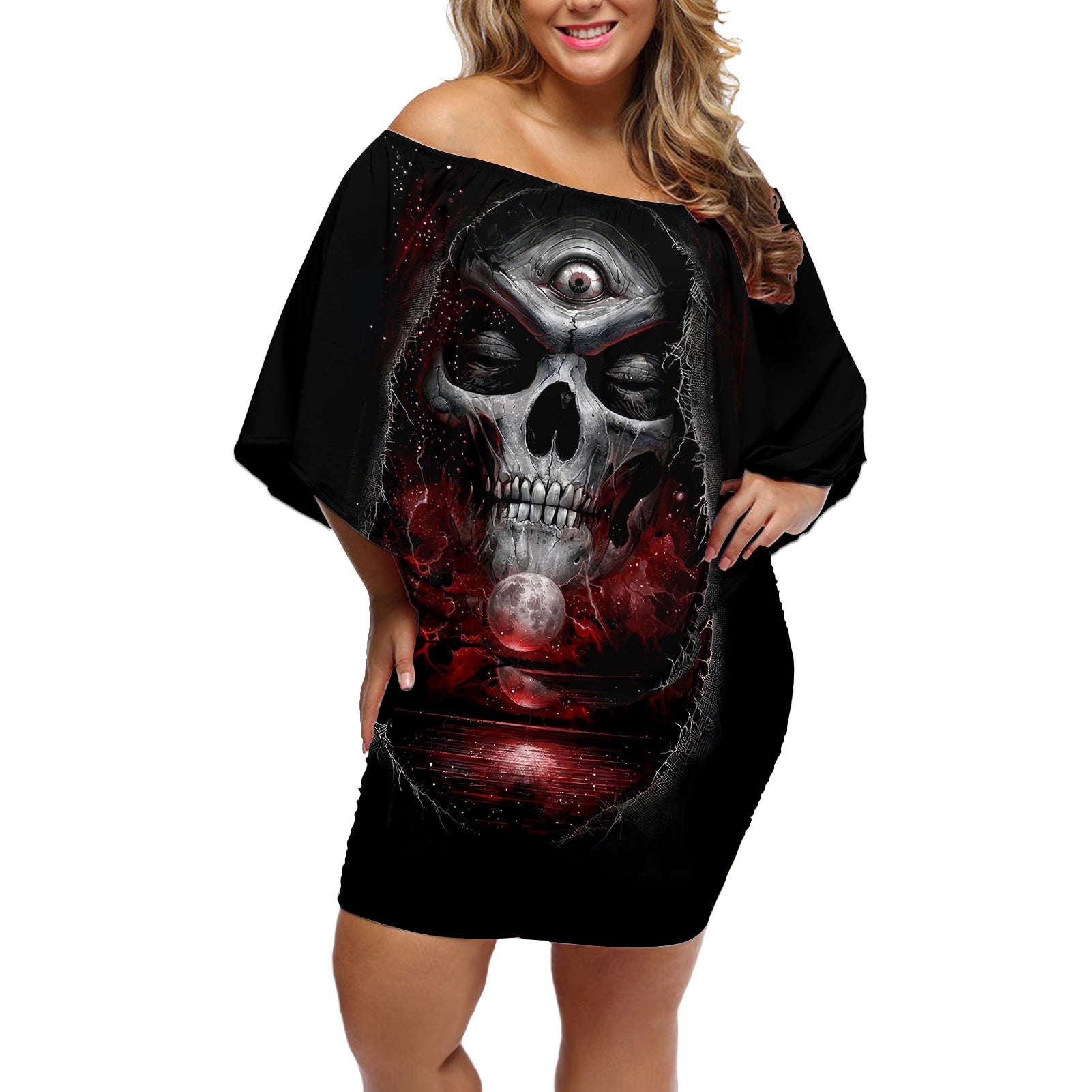 Skull Off Shoulder Short Dress Prayer Skull - Wonder Print Shop