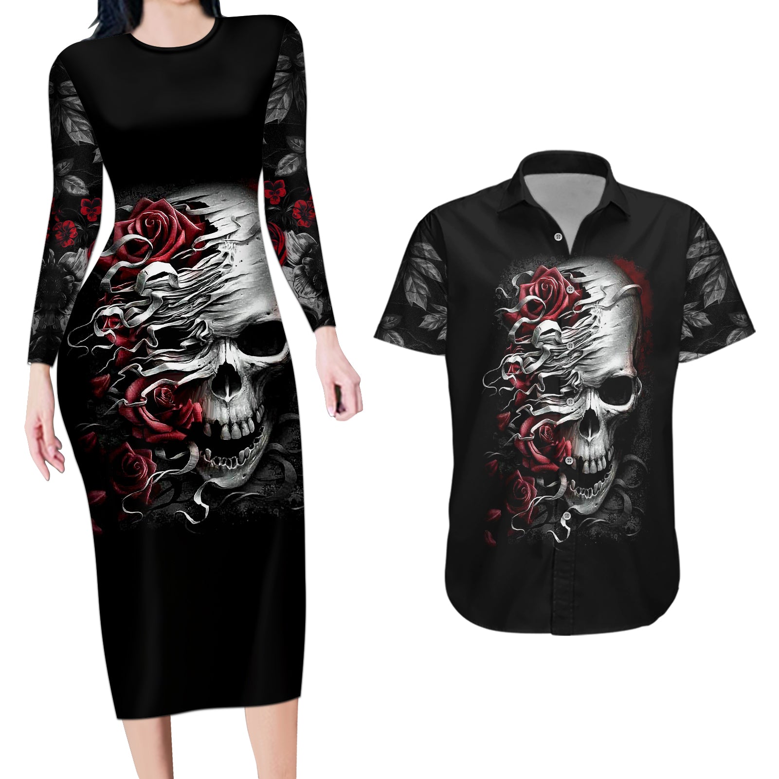 Skull Couples Matching Long Sleeve Bodycon Dress and Hawaiian Shirt Three Skull No See Evil Rose - Wonder Print Shop