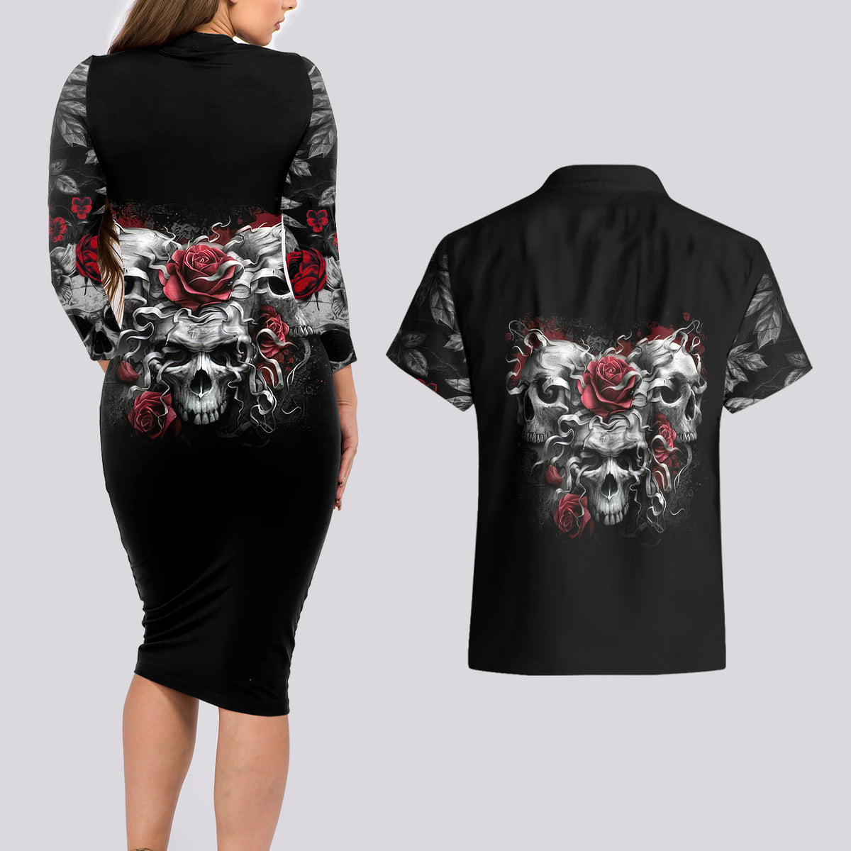 Skull Couples Matching Long Sleeve Bodycon Dress and Hawaiian Shirt Three Skull No See Evil Rose - Wonder Print Shop