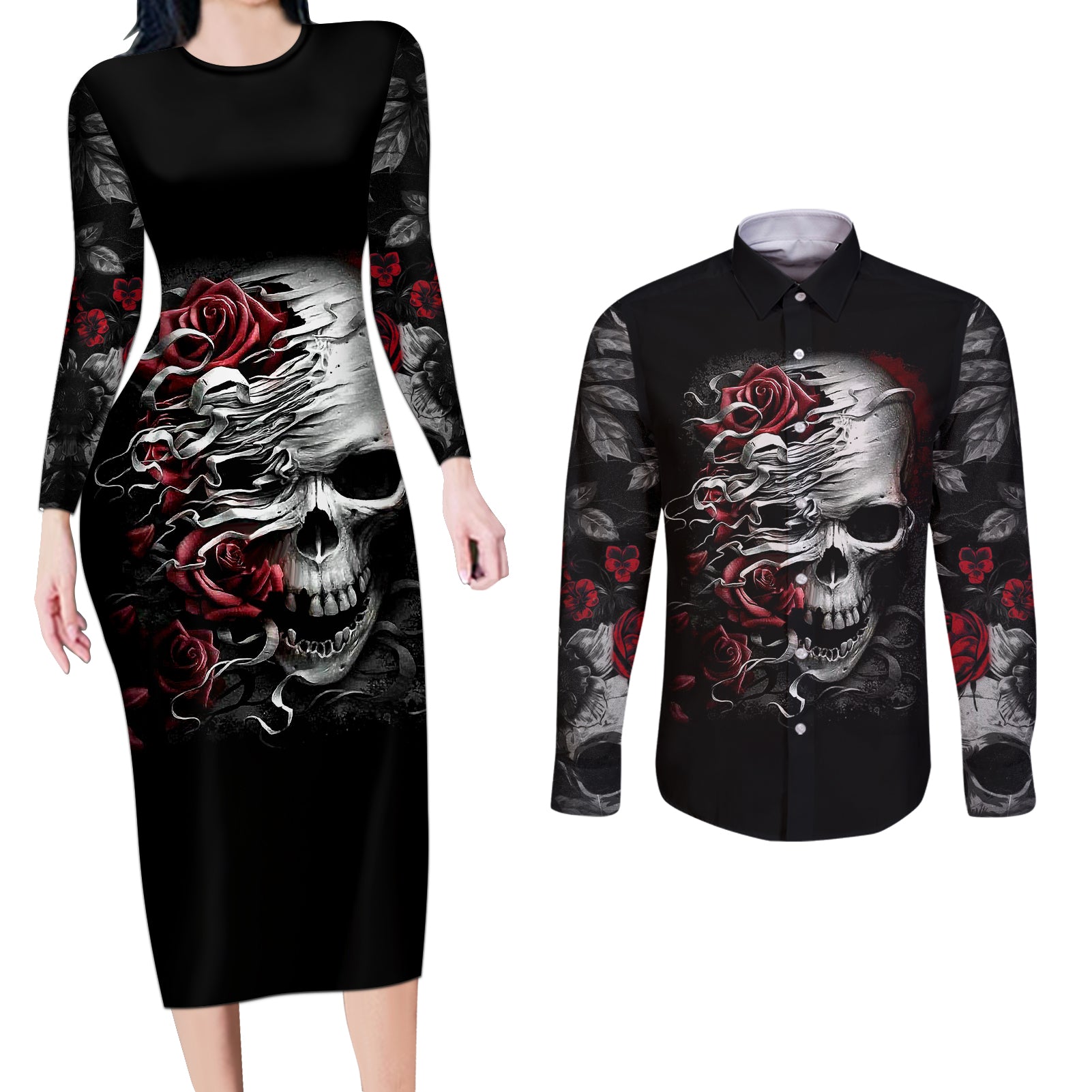 Skull Couples Matching Long Sleeve Bodycon Dress and Long Sleeve Button Shirts Three Skull No See Evil Rose - Wonder Print Shop