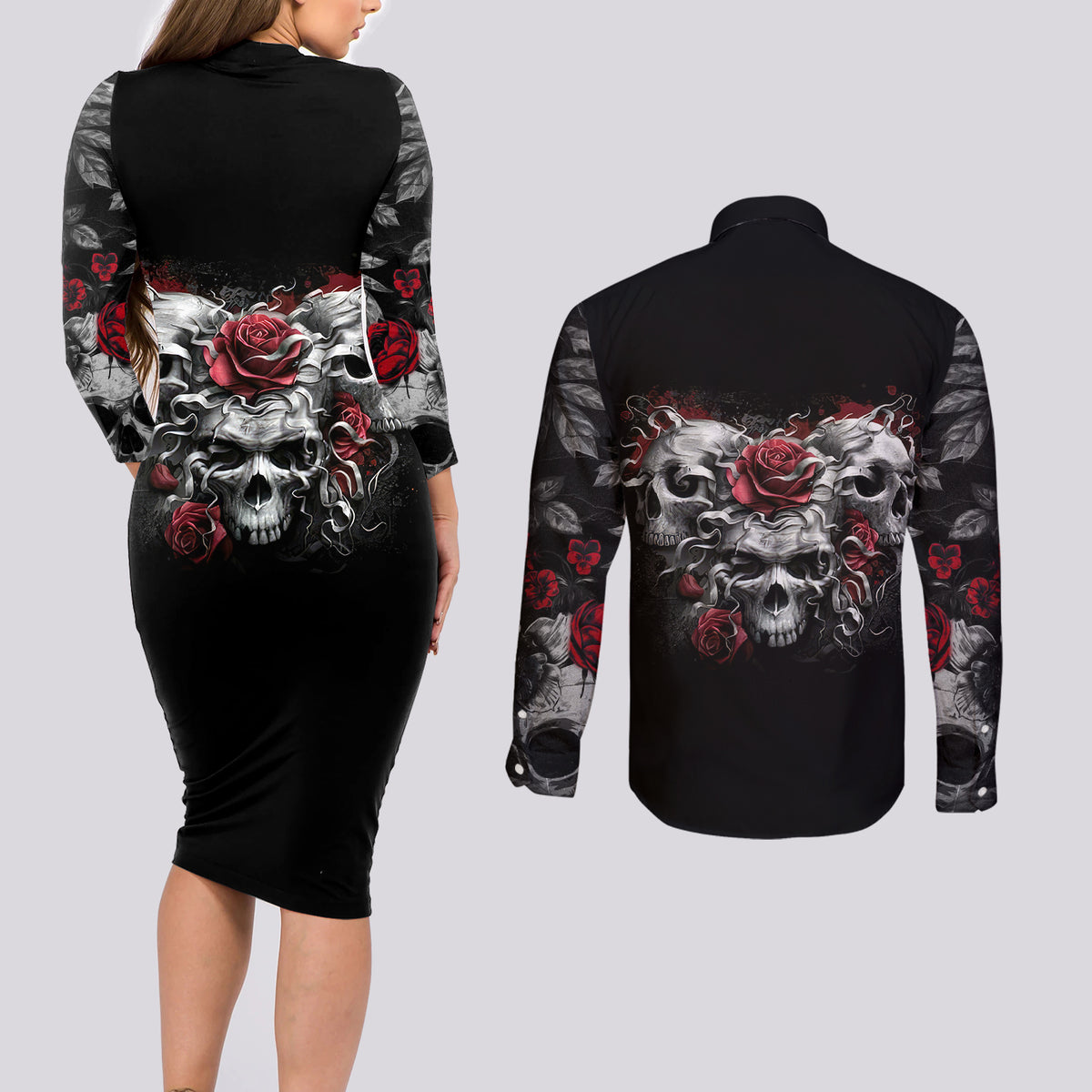 Skull Couples Matching Long Sleeve Bodycon Dress and Long Sleeve Button Shirts Three Skull No See Evil Rose - Wonder Print Shop