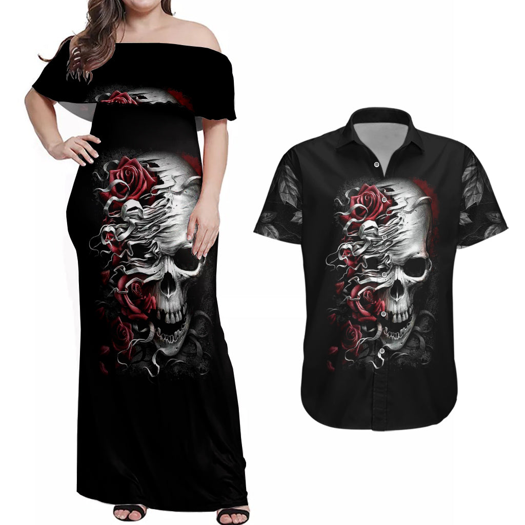 Skull Couples Matching Off Shoulder Maxi Dress and Hawaiian Shirt Three Skull No See Evil Rose - Wonder Print Shop